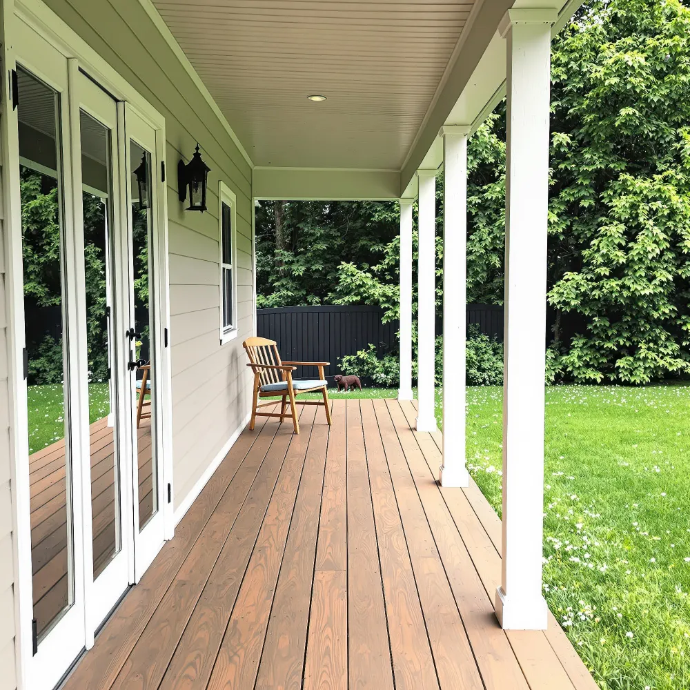 This outdoor porch area features a wooden deck and a cozy rocking chair. This backyard veranda serves as a peaceful lounging spot near the garden.